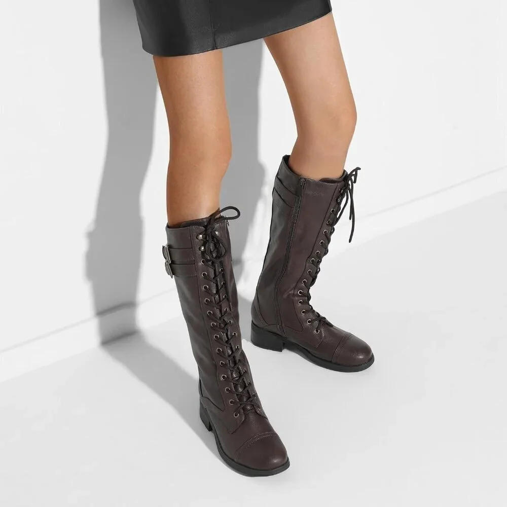 Women's Polyurethane Pu Georgia-brown Double buckle Knee High Riding Combat Boot